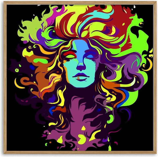 The Flowing Mane by BunteBeute - a blue face in a mane of purple, green and yellow hair on black