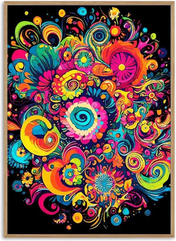 Psychedelic Bloom by BunteBeute - a round mass of swirls and flowers in pink, orange and blue on black