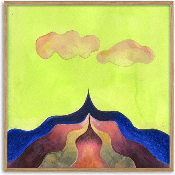 Mountain Under a Green Sky by Shimmering Ugly - two sand clouds over a banded blue and coral peak on lime green