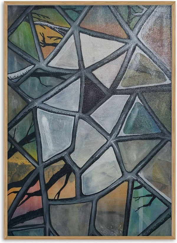 Cracked Glass by Fredprikas - a web of grey ribs over pale panes with a landscape behind