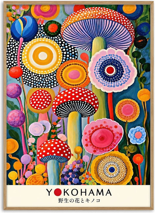 Mushroom and Flower Garden by Yokohama - spotted red mushrooms among dotted flower discs on blue-grey