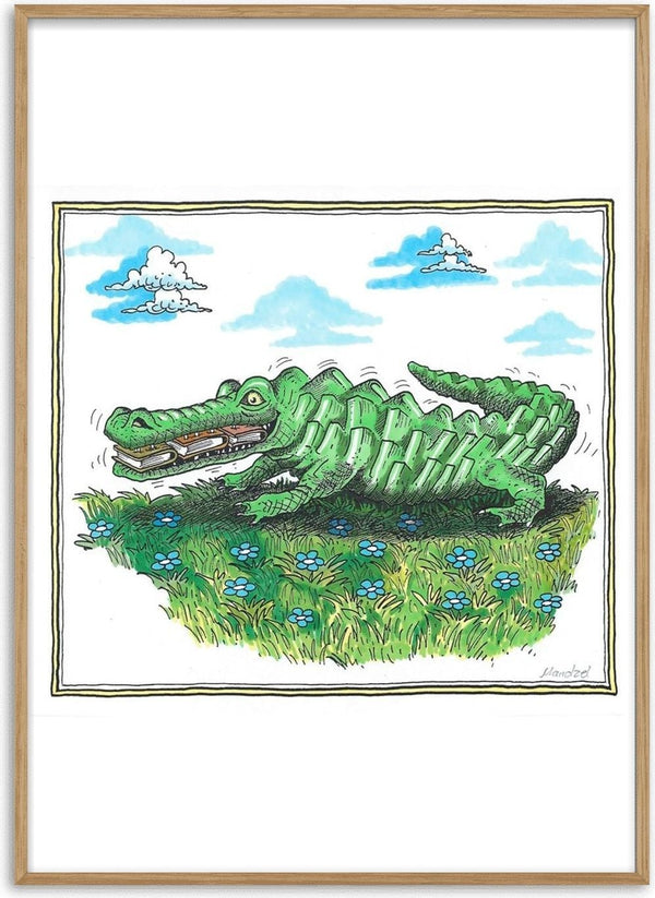 The Crocodile and the Book by Waldemar Mandzel - a crocodile on a flowering bank with an open book in its jaws