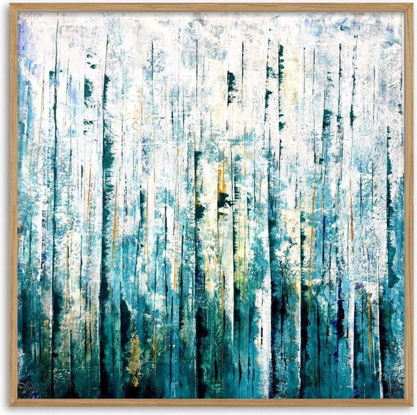 Teal Abstract by Marina Agre - vertical strokes of teal, petrol blue and white with seams of ochre