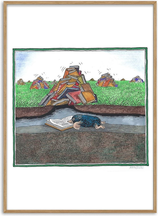 The Reading Mole by Waldemar Mandzel - a mole reading underground while the molehills above are piles of books