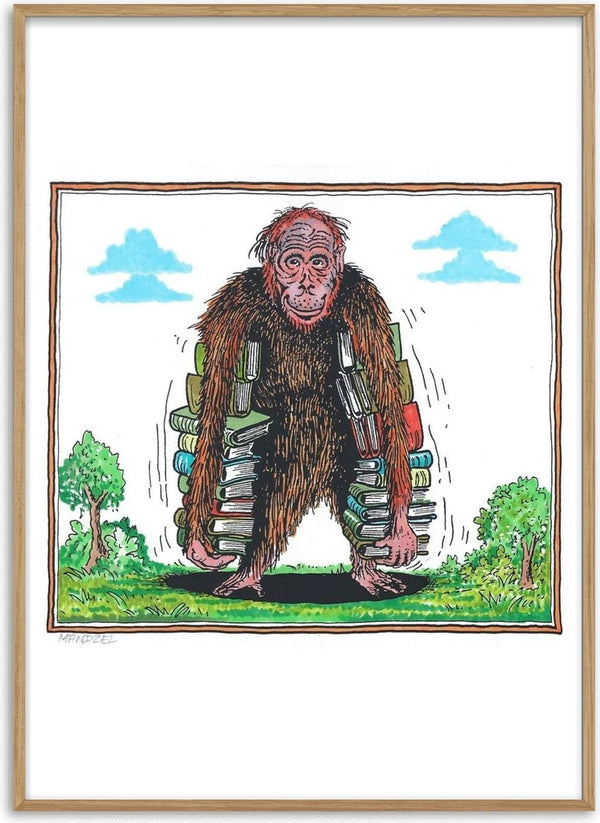 Ape with Books by Waldemar Mandzel - a red-brown ape standing upright with a tall stack of books
