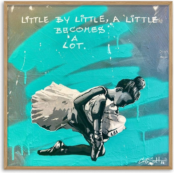 Little by Little by Cash - a crouching ballerina against turquoise strokes on grey