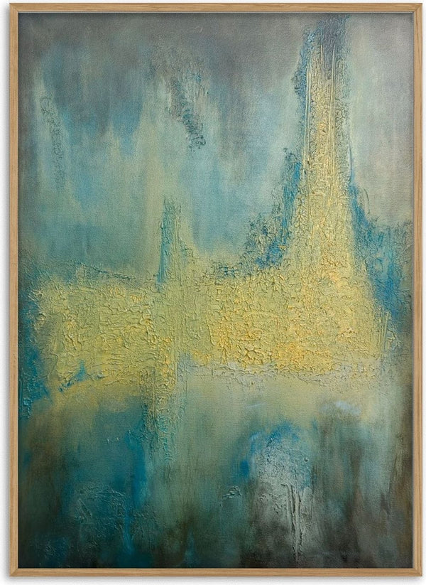 Golden Tower by Miguel Lemos - a thick gold form rising from a teal and blue ground