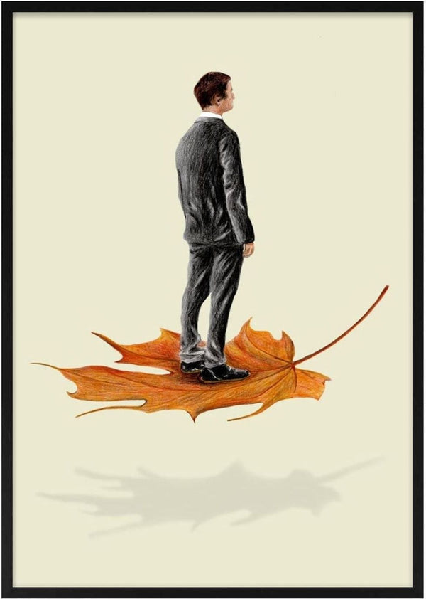 A man in a suit stands on a large autumn leaf, featured on the product page for Imagine being a leaf - Coco de Paris.