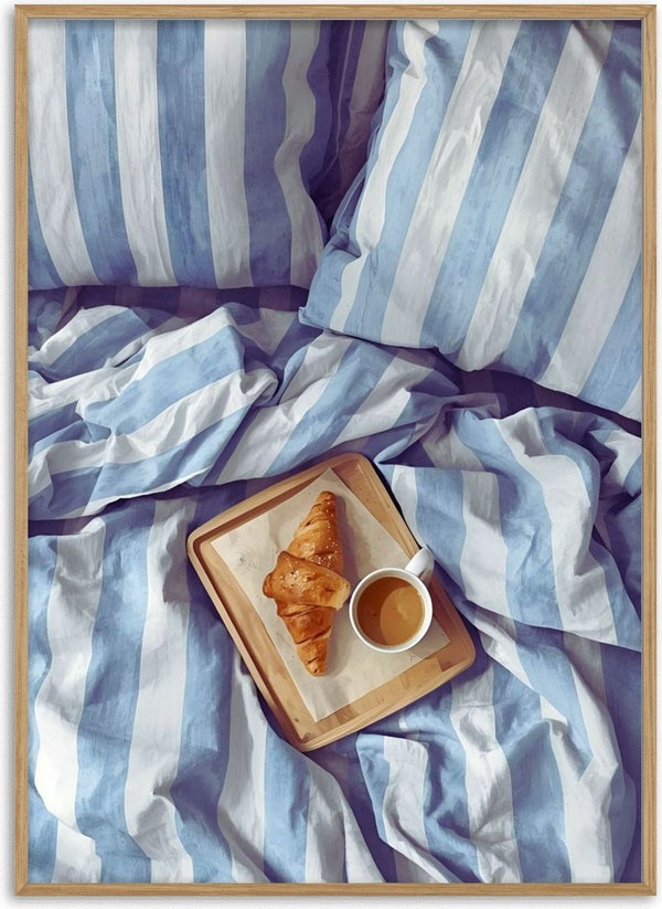 A Cozy Sunday in Bed by Ohkimiko - a breakfast tray on blue and white striped bedding