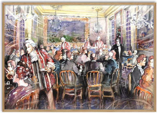 A Restaurant by Designus - crowded restaurant hall under chandeliers with a man in a red coat