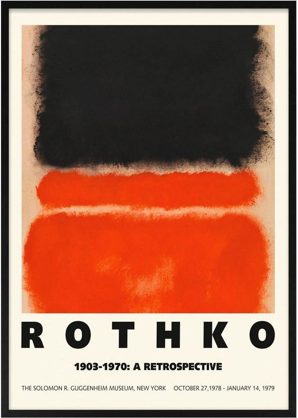 Abstract Mark Rothko poster with large black and orange shapes, text reads "A Retrospective 1903-1970".