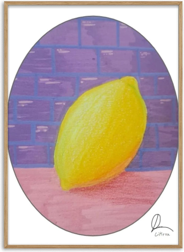 ABCitron by L.OE. Art - a yellow lemon in an oval against a purple brick wall