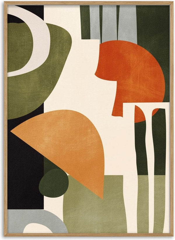 Abstract Art 42 by ThingDesign - flat olive, rust and orange shapes on a cream ground