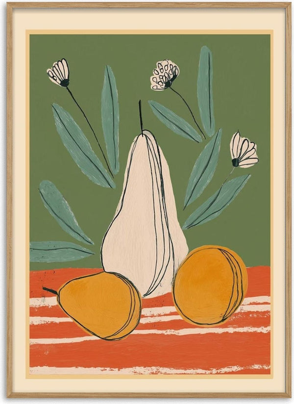 Abstract illustration of pears and flowers on a striped surface with green background, by Branka Kodžoman.