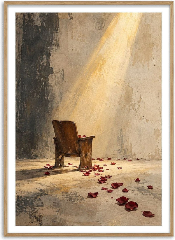 After the Applause by Matthews Gallerie - an empty theatre seat in a shaft of light with scattered rose petals