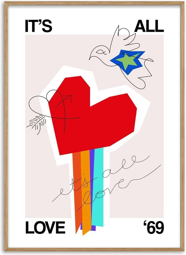 Abstract red heart with colorful stripes, dove carrying olive branch, and text: "It's All Love '69" on white background.