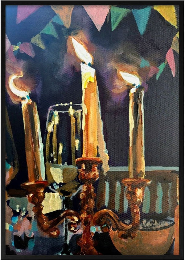 An October birthday by Mariam De Giorgio — three lit candles on a brass candelabra with pastel bunting against a deep purple background.