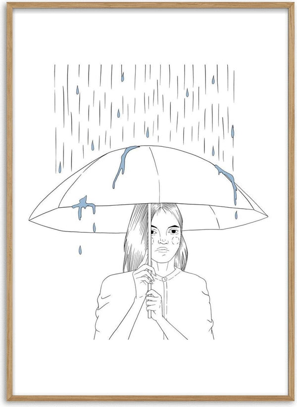 Anxiety poster by Lisen Vennesland with a line art woman holding an umbrella in the rain