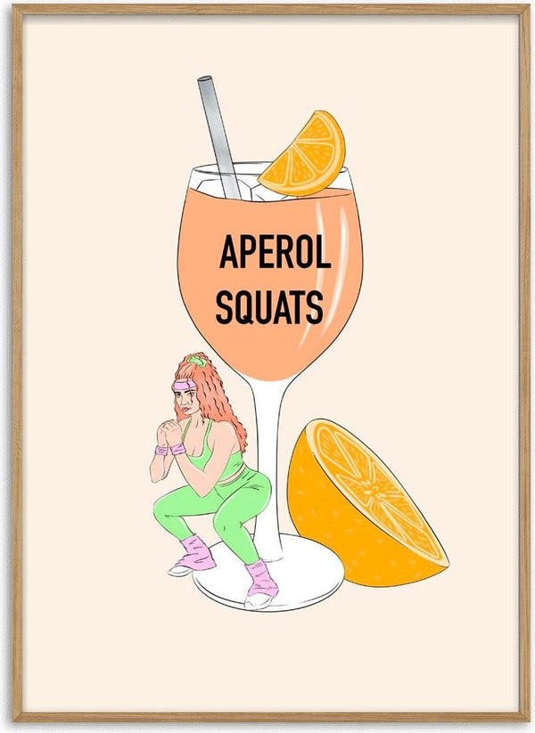 Aperol Squats poster by Lisen Vennesland with a large spritz glass and a woman in green gym clothes doing a squat