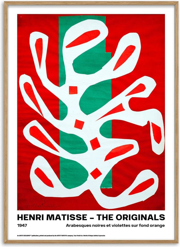 Abstract white organic shapes on red and green background, from Henri Matisse's "Arabesques" series, 1947.