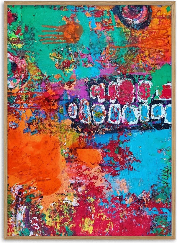 art against the maschine by hazelart - thick turquoise, orange and pink paint with white graffiti lettering
