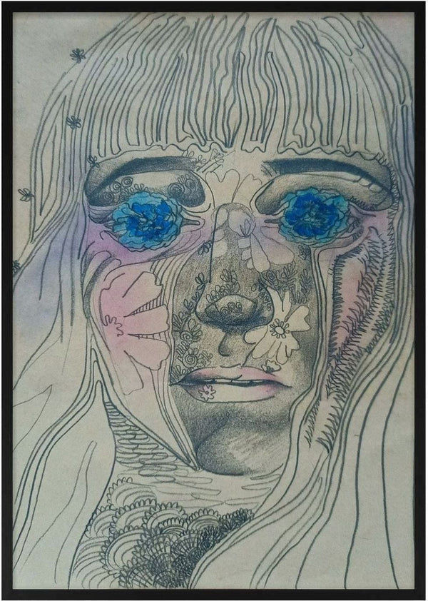 Awe by Alice Ruja - pencil portrait of a woman with long hair and blue flowers for eyes