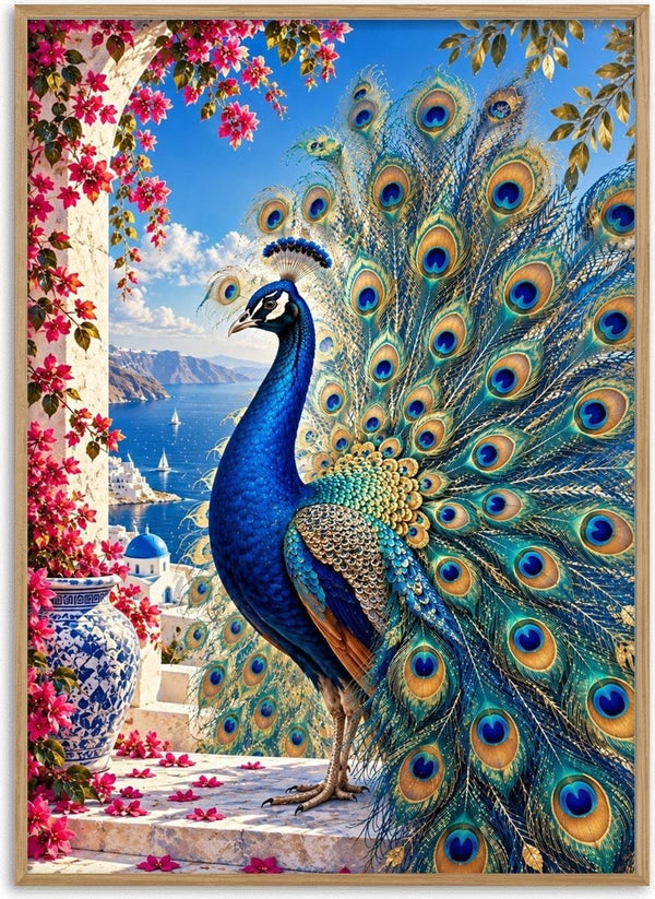 Azure Majesty by RA - a peacock with a fanned tail above a blue bay and pink bougainvillea