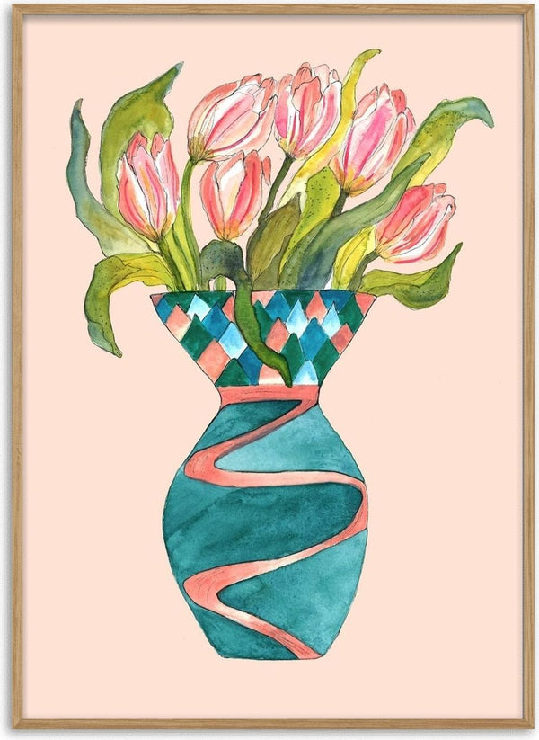 Baby tulips by Marjorie Salvagni - pale pink tulips in a teal vase with a coral ribbon