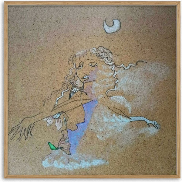 Ballerina 2 by Alice Ruja - line drawing of a ballerina with outstretched arms in pale blue chalk on brown card
