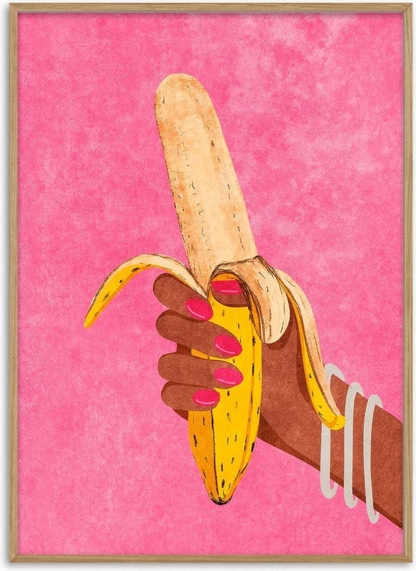 Illustration of a hand holding a half-peeled banana against a pink background, from Banana by Raissa Oltmanns.