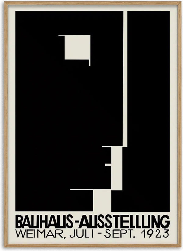 Bauhaus Weimar 1923 poster with geometric black shapes and bold text promoting the Bauhaus exhibition.