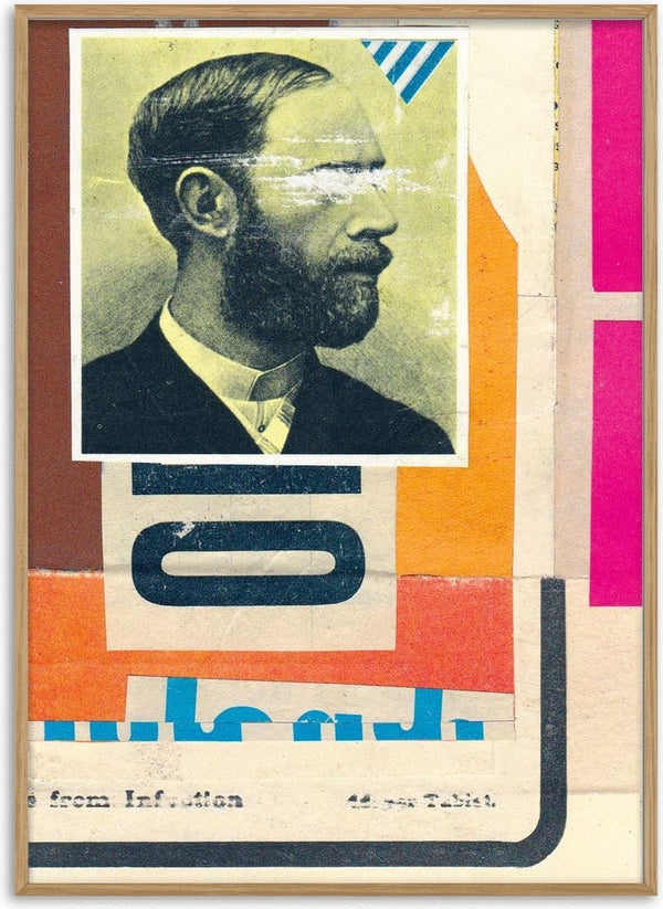 Beard by Kareem Rizk - a vintage photograph of a bearded man collaged with orange, blue and magenta paper
