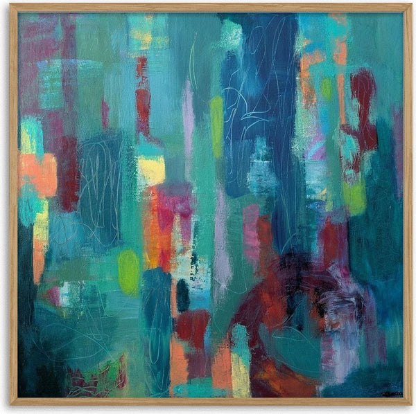 Beginnings by Janet Bell - an abstract in teal, turquoise, crimson and coral with pale scribbled lines