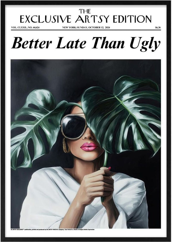 A stylish woman in sunglasses holds large leaves, featured on the Better Late Than Ugly Blogger Edition product page.