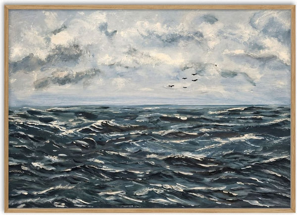 Beyond the storm by Maya - a choppy dark blue sea with white crests under pale cloud
