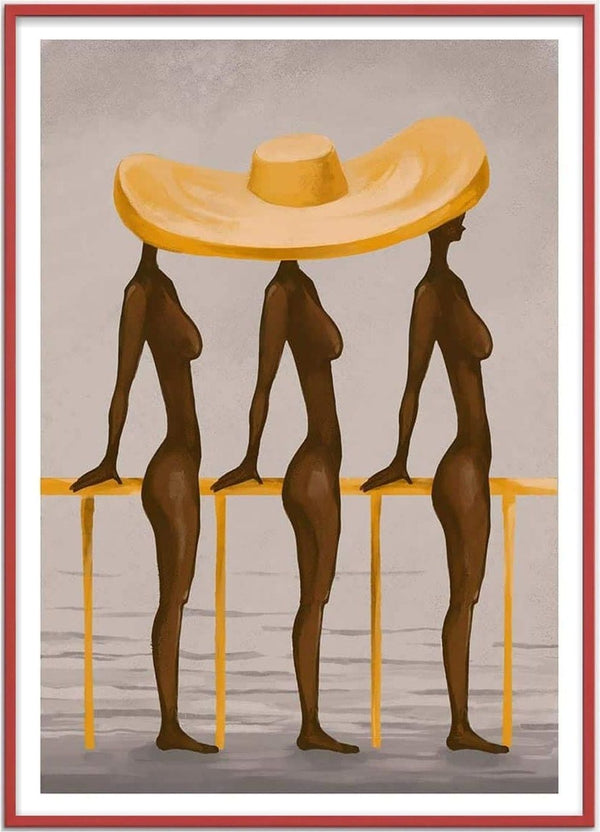 Art print of three women standing side by side, sharing one large yellow hat, by Martina Karlsson.