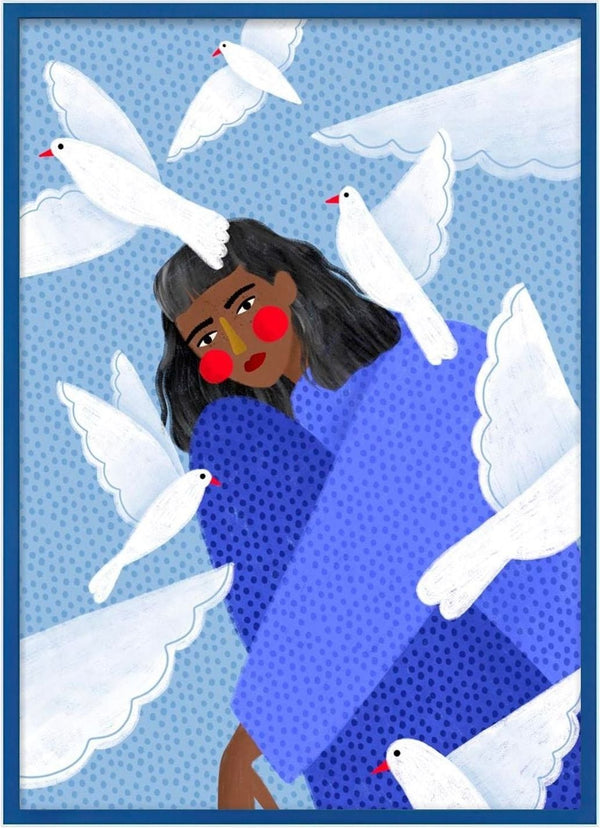 Illustration of a person in blue with white birds flying around and perching on them against a dotted background.