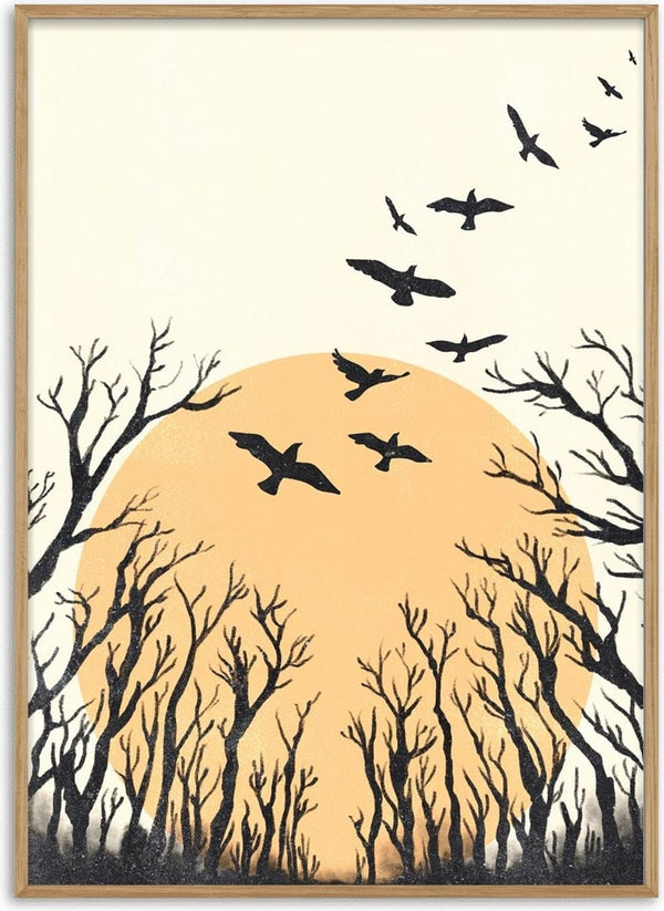 Silhouetted birds flying above leafless trees with a large orange sun in the background.