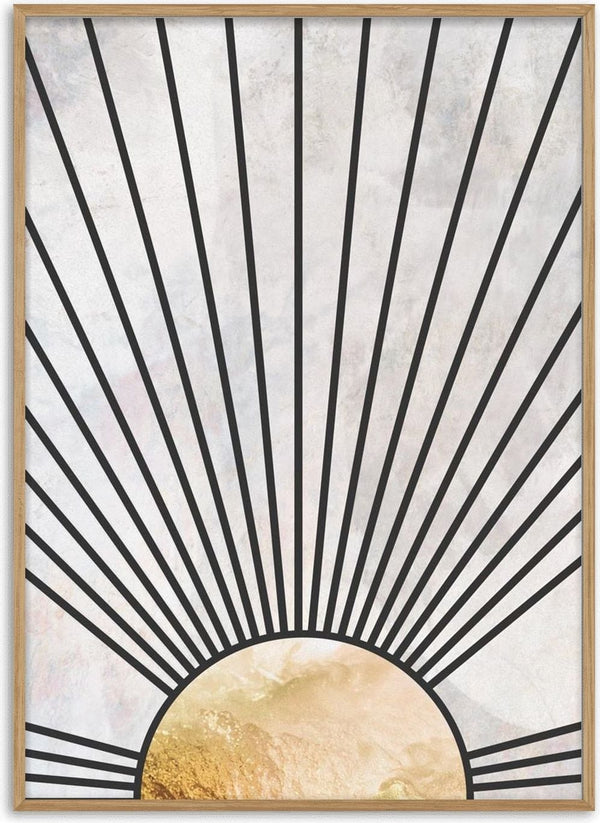 Minimalist art of a rising sun with gold accents and black rays, titled Black Gold Rising Sun by Sarah Manovski.