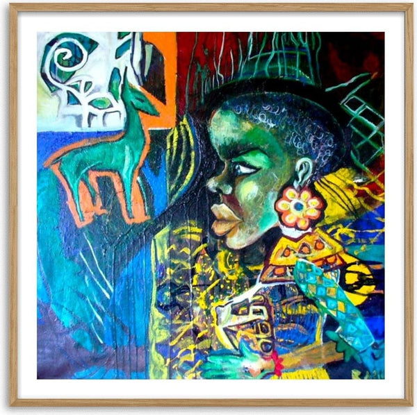 Black woman by Ralu - a woman in profile with a flower earring among turquoise, orange and yellow shapes