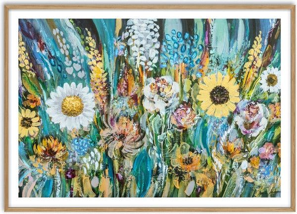 Blomster by Art Anne Lee - a dense meadow of daisies and a sunflower against teal green