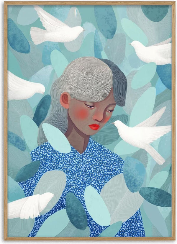 Illustration of a woman in a blue patterned shirt surrounded by white birds and abstract blue leaves.