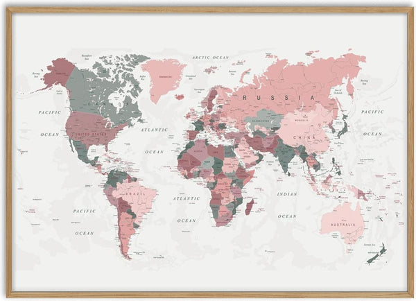 Blush Pink Verdenskort Plakat featuring a world map in shades of pink and gray on a white background.