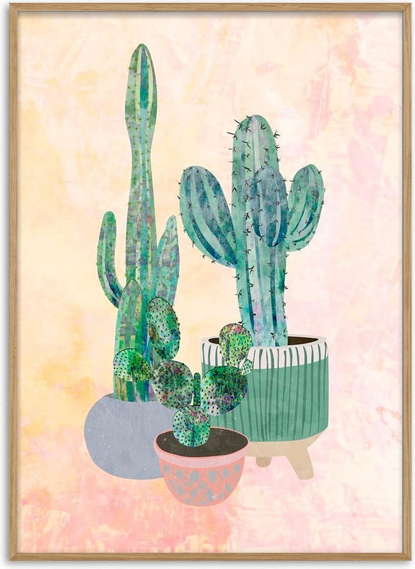 Three potted cacti in boho-style planters against a pastel textured background.