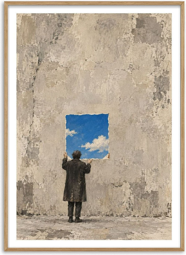 Borrowed Sky by Matthews Gallerie - a man peeling a square of blue sky from a grey wall