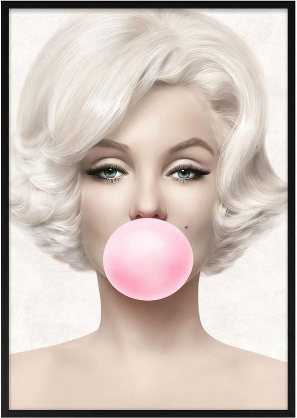 Poster of Marilyn Monroe with platinum blonde hair blowing a pink bubblegum, set against a light background.