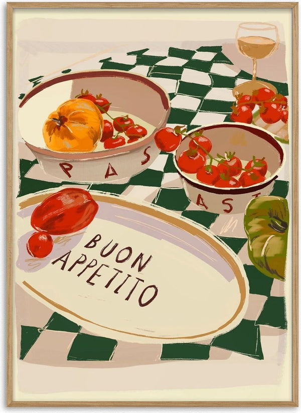 Buon Appetito by ThingDesign - an Italian table of tomatoes and wine on a green checked cloth