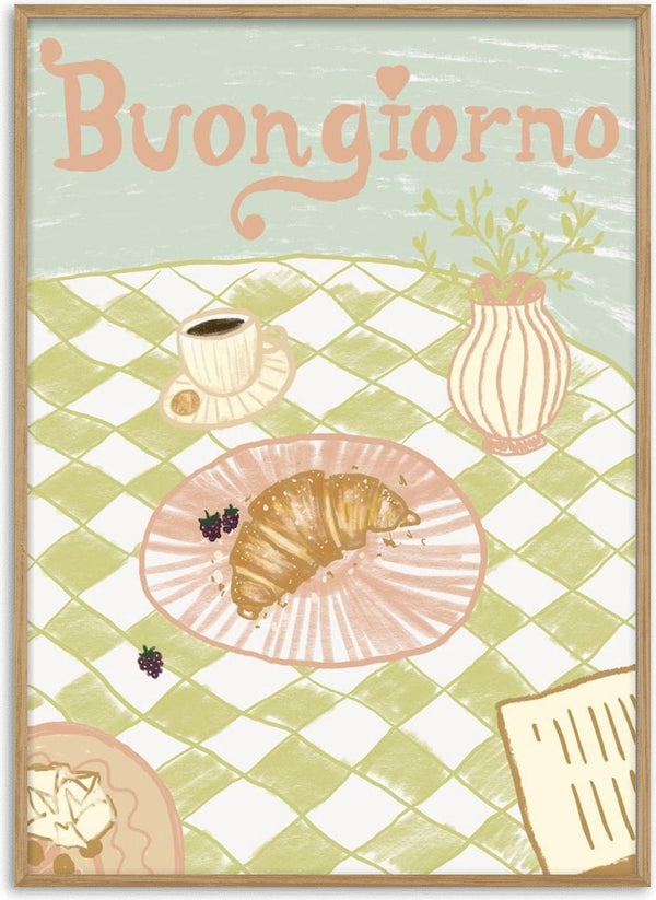 Illustration of a croissant, coffee, and berries on a table with "Buongiorno" written above for the product page.