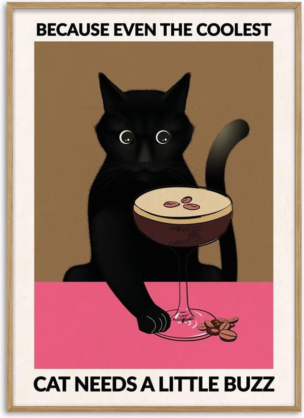 Illustration of a black cat with an espresso martini, coffee beans, and the caption "Cat needs a little buzz.”