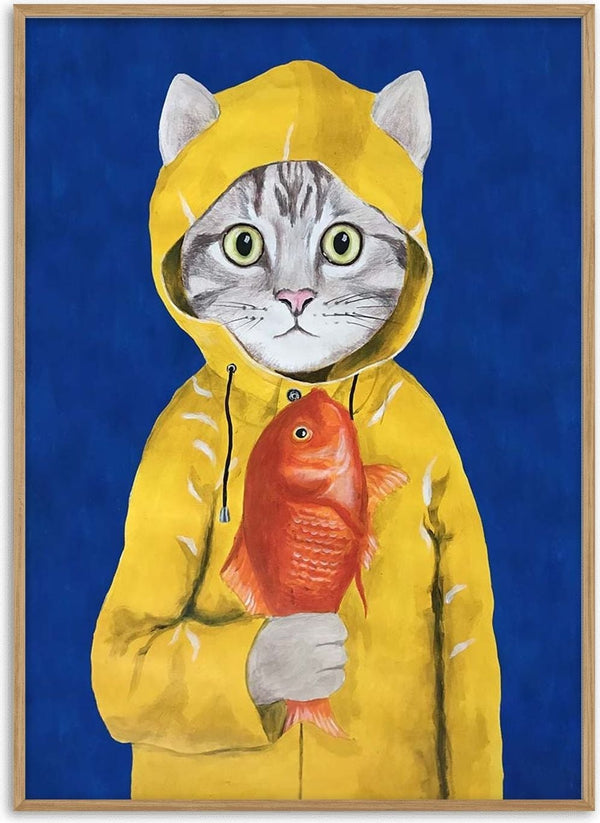 Illustration of a cat in a yellow raincoat holding a red fish, artwork from Cat With Fish - Coco de Paris.